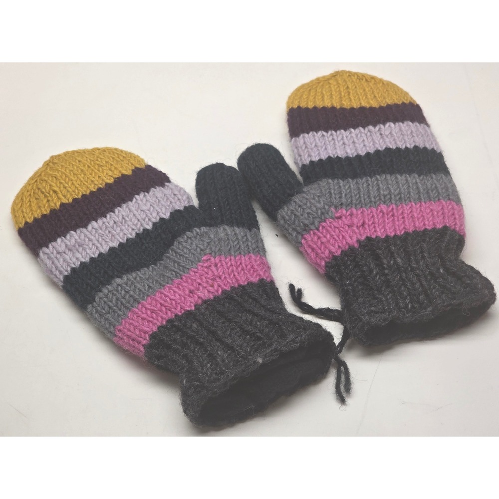 Handmade Nepal 100% Wool‎ Striped Mittens Fleece Lined Multi-Color Chunky Knit